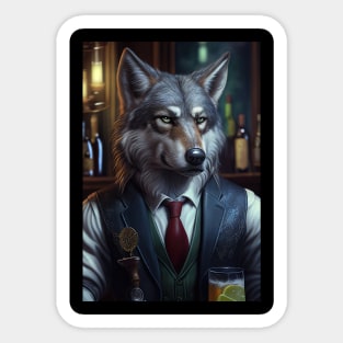 Wild And Classy Barkeeper Wolf In A Suit - Unique Wildlife Art Print For Fashion Lovers Sticker